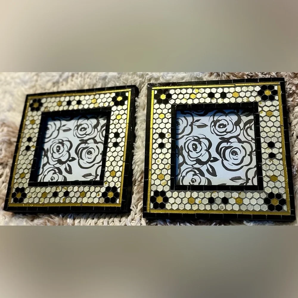 Anthropologie Mosaic Tile 4x4 Picture Frames — Set of 2, Black/White/Gold, NWT